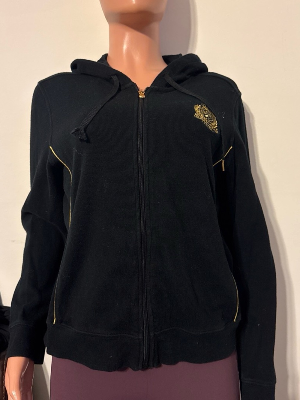 Ralph Lauren Black Zip-Up Hoodie with Gold Crest Trim